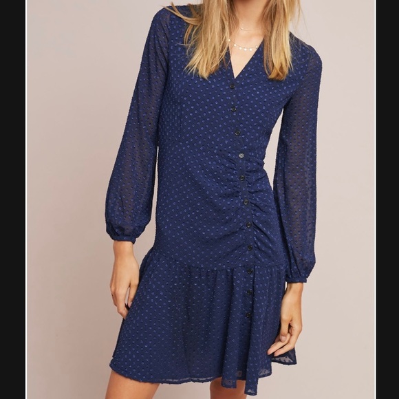 Anthropologie Yumi Kim Valencia Dropped Waist Swiss Dot Dress Navy Womens Sz XL - Picture 2 of 16
